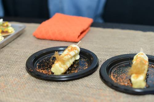 Close-up tray of seared scallop appetizers