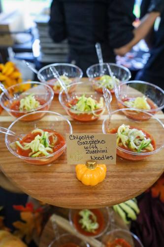 Chilled chipotle gazpacho shooters topped with zucchini noodles